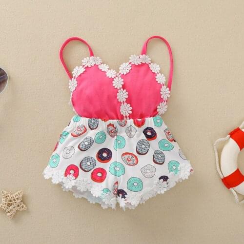 Summer Baby Infant Rompers Doughnut Print Flower Trim Spaghetti Straps V-Neck Sleeveless Jumpsuits for Toddler Girls 0-3 Years