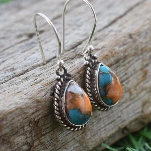 Lovely Boho Water Drop Blue Stone Earrings Vintage Turquoises Jewelry Colorful Pattern Small Dangle Earrings Female Gift