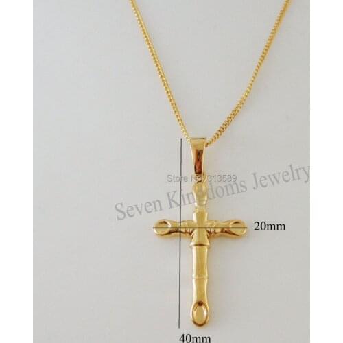 Min order 10$/ NEW - YELLOW GOLD GP OVERLAY 18" NECKLACE & JESUS CROSS SYMBOL BAMBOO PENDANT/Great Money Maker
