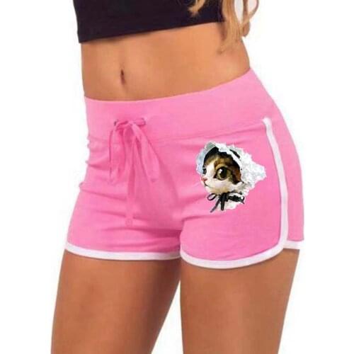 Fashion Shorts Women High Waist Elasticated Leggings Push Up Gym Training Gym Tights Pocket Cute cat Printing Short