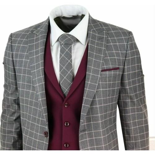 Mens 3 Piece Suit Check 1920s Gatsby Tweed Vintage Grey Classic Wedding Prom