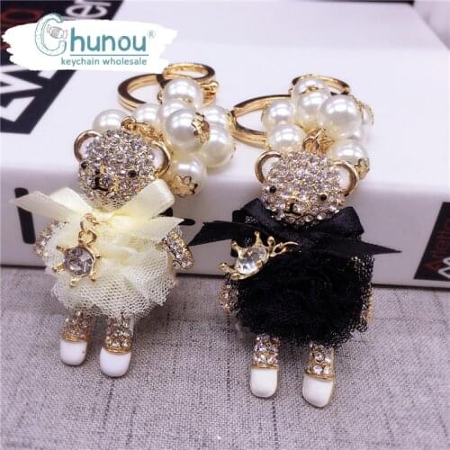 New Korean Fashion Rhinestone Bear Keychain Creative Diamond Gauze Skirt Bear Doll Key Chain for Woman Bag Car Keychains Pendant