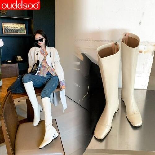 ODS New 2021 Fashion Styles Winter Genuine Leather High Boots Women Square Toe Med Heels Zipper Shoes Women High Boots Lady