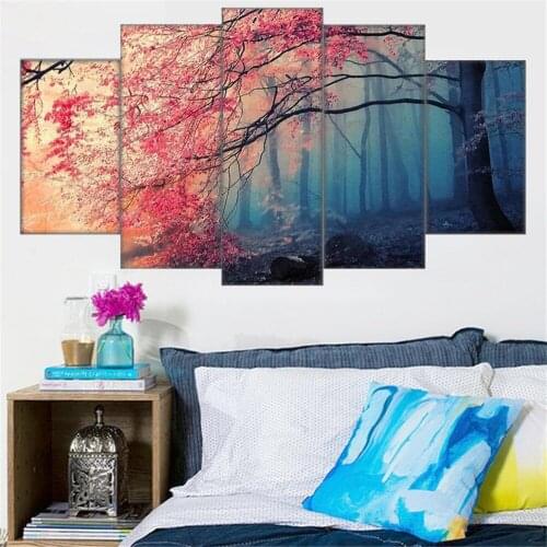 Landscape Cherry Blossom Tree Painting Modern Decpration For Living Room 5 Piece Canvas Wall Painting Wall Arts For Home
