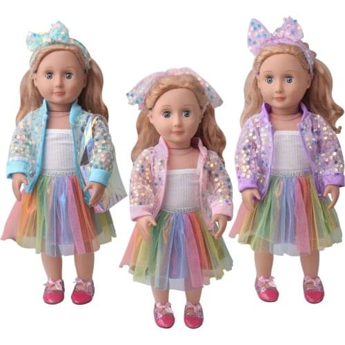 18 Inch American Doll Girls Dress Fall Sequins Suit Laser Bag Sparkling Skirt Newborn Baby Toys Fit 40-43 Cm Boy Dolls Gift c948