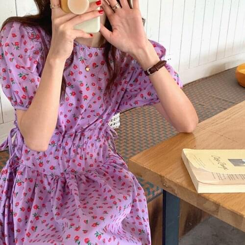 Korean Chic French Gentle Round Neck Full Screen Small Floral Drawstring Waist Slimming Puff Sleeve Mid-Length Dress