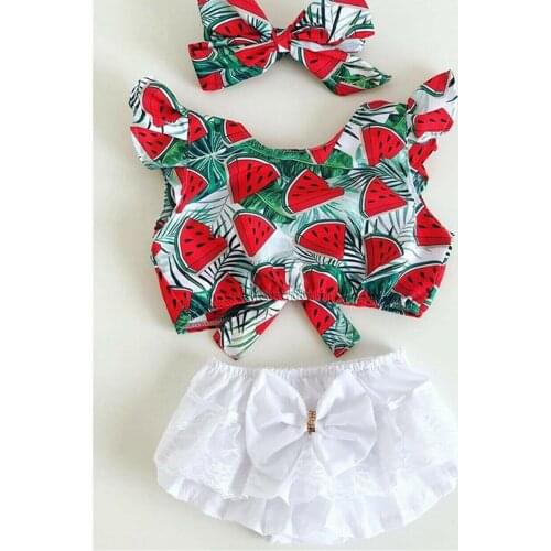 Dropshipping 2Pcs Clothes Set Baby Girls Clothes Watermelon Crop Tops Lace Bowknot Shorts Set Outfits