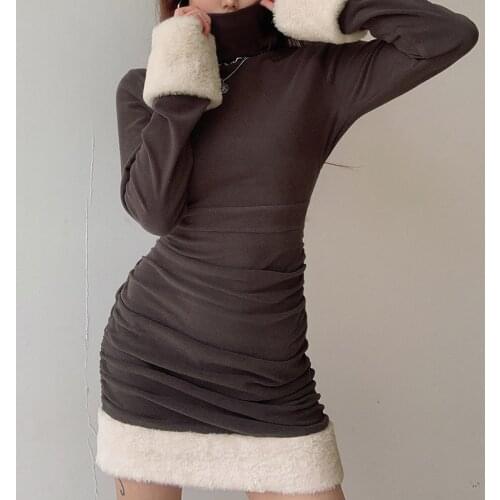 Christmas Fur Patched Turtleneck Long Sleeve Runched Mini Dresses For Women Party 2020 Bodycon Lady Short Stacked Dress Winter