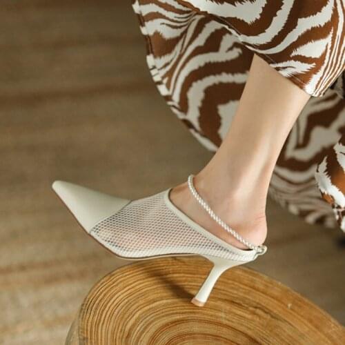 Sexy Thin High Heels Mesh Net Shoes for Women Spring Summer Pearls Chain Pointed Toe Genuine Leather Black White Party Pumps New