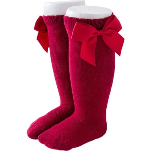Baby Girl Cotton Long Socks Solid Color Big Bow Kntted Cotton High Stocking Cute Lacework Princess Leg Warmer Floor Slipper 0-7Y