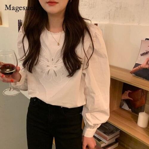 Tops Blouse Women O-Neck Office Lace White Shirts Blouses New 2021 Spring Embroidery Casual Shirt Solid Puff Sleeve Female 13024