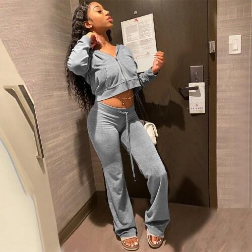 Velvet Outfit Autumn Winter Women Clothing 2021 Hooded Long Sleeve Workout Crop Coat and Drawstring Flare Sweatpant Loungewear