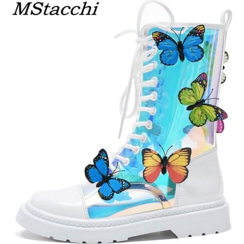 MStacchi Women Transparent Magic Color Buttrtfly Short Boots Women PVC Cross-tied Knight Booties Mujer 2021 Spring Shoes Woman
