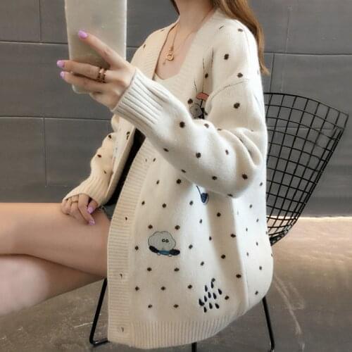 Autumn Knit Cardigan Women Long Sleeve V Neck Dot Cartoon Print Sweater Jacket Casual Oversized Cardigan Female Coat Winter