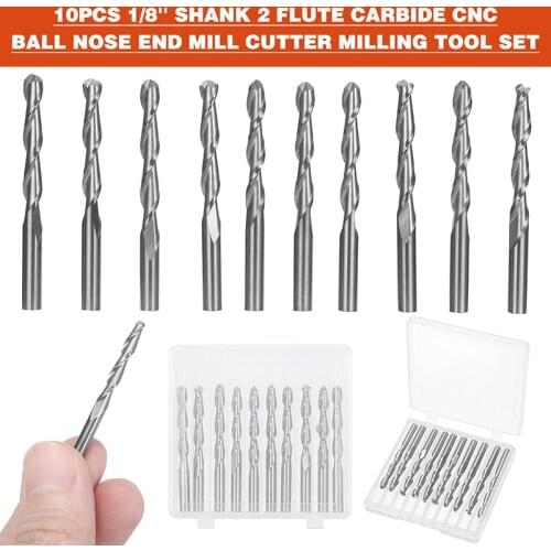 10pcs/lot 1/8'' Shank Carbide End Mill Cutter 2 Flute CNC Ball Nose End Mill Cutter Milling Tool Set