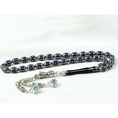 Natural Jet Stone Prayer Bead With Silver Tassel Men Rosary Islamic Tasbih Made in Turkey 925 Sterling Silver