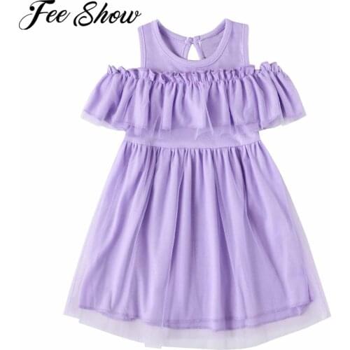 Kids Girls Summer Dress Cotton Pure Color Baby Girl Princess Dress Cute Off Shoulder A-line Mesh Dress Casual Party Wear 2-10Y