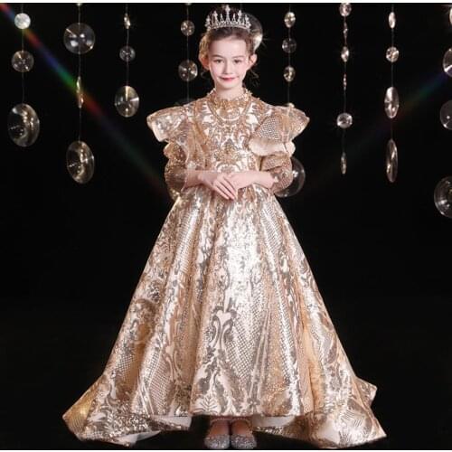 Children Luxury Sequined Stitching Trailing Evening Gown Kids Catwalk Weeding Birthday Princess Dresses For Girl Vestidos L1117