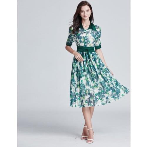 JSXDHK Elegant Summer Green Chiffon Flower Print Shirt Dresses Runway Summer Lapel Collar Single Breasted Lace Up Pleated Dress