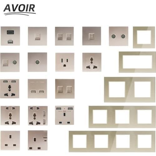 Avoir Electrical Sockets Wall Outlets Multiple European Plug Free DIY UK TV RJ45 Module Double Socket Golden Glass Wall Panels
