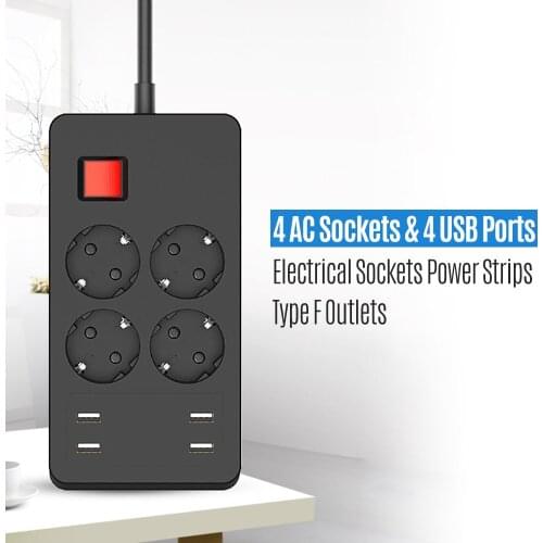 Electrical Sockets Power Strips Desktop Charging Station Type F Outlets Surge Protection with 4 AC Sockets & 4 USB Ports 4000W