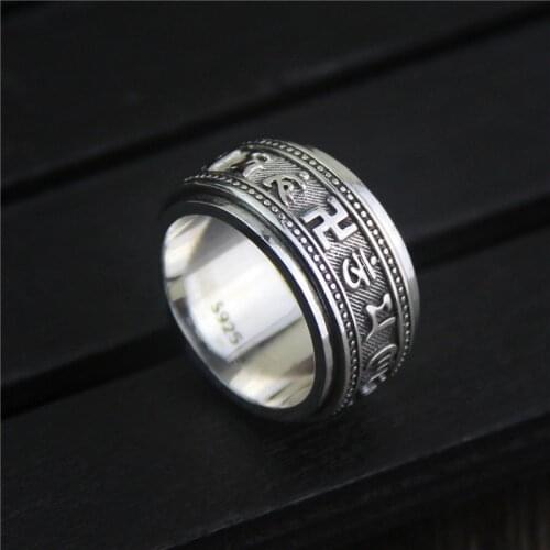 Pure S925 Silver Retro Ring Women Mans Sutra Rotatable Ring US Size 8 New Gift 10mmW