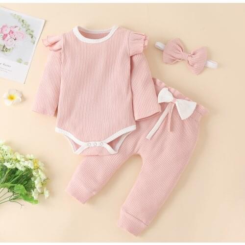 Newborn Baby Girl Clothes Set Solid Pink Ruffles Romper Bow Pants Headband Spring Girls Outfits Set Baby Girl Birthday Outfits