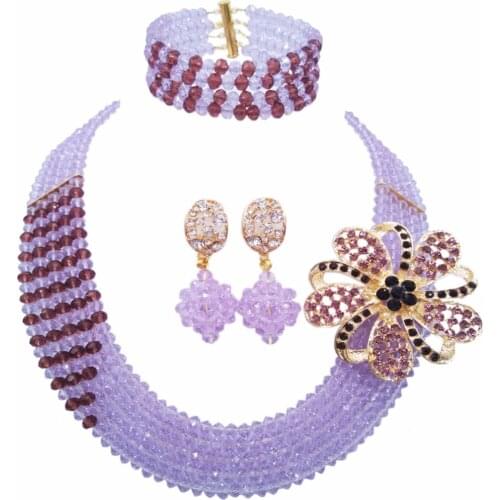 Fashion Lilac Dark Purple Multi Strands Statement Necklace Nigerian Beads African Jewelry Set Crystal Wedding Sets 5JZ20