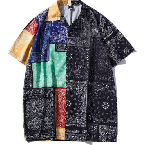 Mens Harajuku Beach Shirts Summer New Korean Fashion Vintage Ethnic Print Plaid Color Matching Male Short Sleeve Hawaiian Shirt