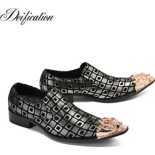 Deification Vintage Leather Mens Dress Shoes Flat Metal Pointy Toe Chaussure Homme En Cuir Luxury Male Formal Office Party Shoes