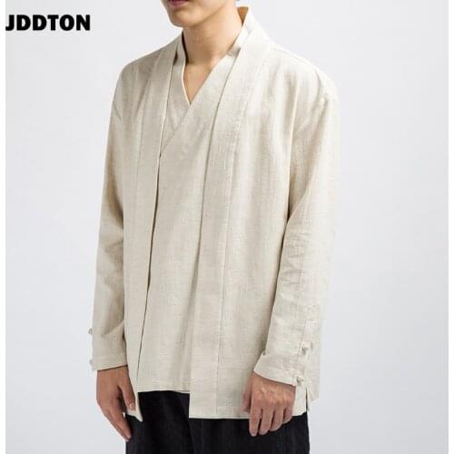 JDDTON Spring Men Cotton Linen Kimono Loose Fashion Long Cardigan Outerwear Vintage Coats Fake Two Pieces Casual Overcoats JE089