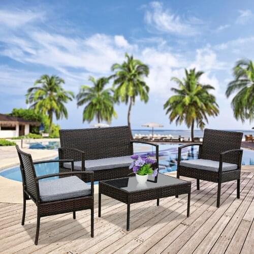 Rattan Patio Furniture Set Cushioned Sofa Garden Balcony Wicker Chair Set Rattan Wicker with 2 Cushioned Chairs, 1 Sofa , 1 Glas
