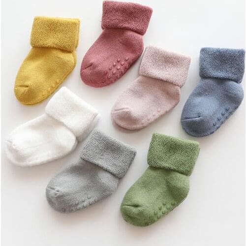 Newborn Baby Socks Cotton Winter Boys Girls Anti-slip Floor Socks Solid Color Terry Warm Slippers Toddlers Thicken Socks 0-3Year