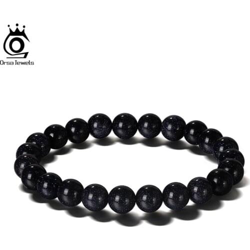 ORSA JEWELS Men Bracelets Natural Blue Sandstone Stone Beads Bracelet Bangles For Women Men 8mm Stretch Meditation Jewelry GMB28
