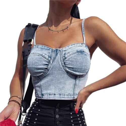 Sexy Women Camis Denim Half-corset Bralette Tube Front Zip Boat Neck Exposed Navel Femme High Streetwear