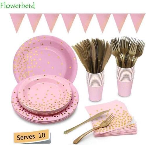 Pink Party Supplies Set Dots Paper Plates Disposable Dinnerware Set Napkins Cups Fork Knives Spoon Birthday Wedding Baby Shower