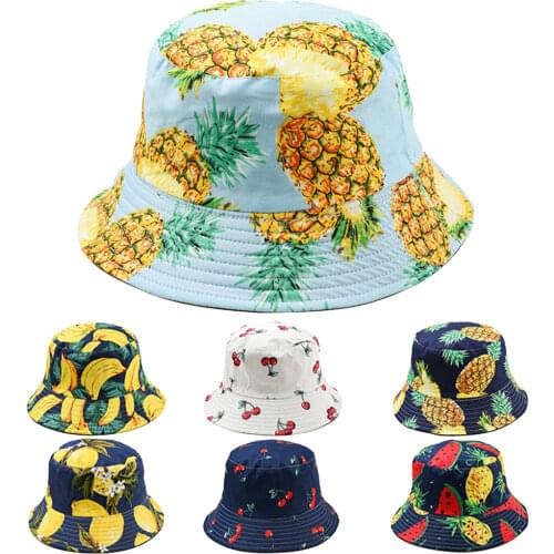 Cute Fruit Print Double Side Folding Fisherman Sun Hat Unisex Outdoor Bucket Cap Panama Bucket Hat Men Women Summer Bucket Cap