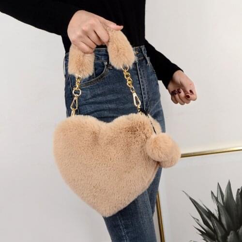 Cute Plush Hearts Shape Women Handbags Designer Hand Bag Luxury Faux Fur Lady Shoulder Bags Female Small Purses 2020 Winter Sac
