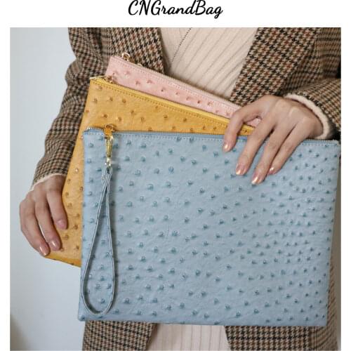 Customized Letters Ostrich PU Leather Clutch Handbag Unisex Laptop Bag For Macbook Pouch Bag With Wristlet