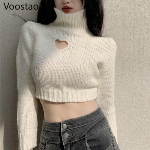 Fashion Turtleneck Crop Sweaters Women Autumn Winter Chic Heart-shaped Hollow Out Pullover Girl Sexy Long Sleeve Short Knitwear
