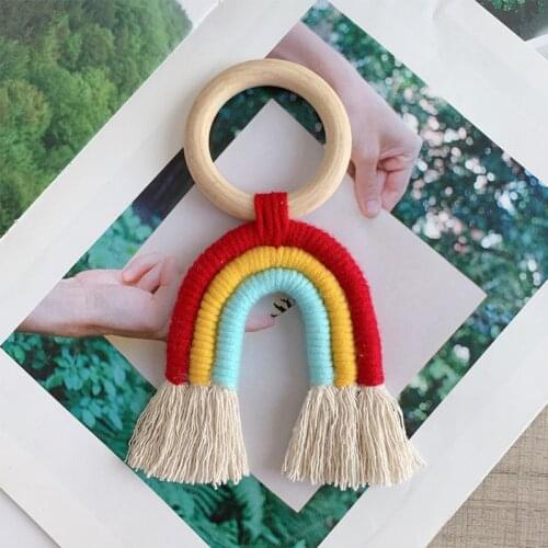 Handmade Woven Cotton Rope Rainbow Tassels Decoration Natural Wooden Ring String Wall Hanging Home Decor