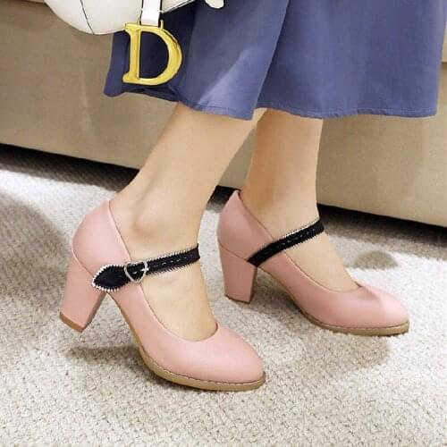 New Women Thick High Heels Pumps Shoes Ankle Strap Ladies Shoes Spring Dress Patent Leather Party fashion Shoes Plus Size 32-43