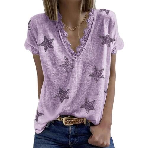 V-neck Star Print Short Sleeve Women Tee Shirt Fashion Tops Summer Size Loose Lace Plus Tshirt T-shirt Femme Patchwork Tops O1X0
