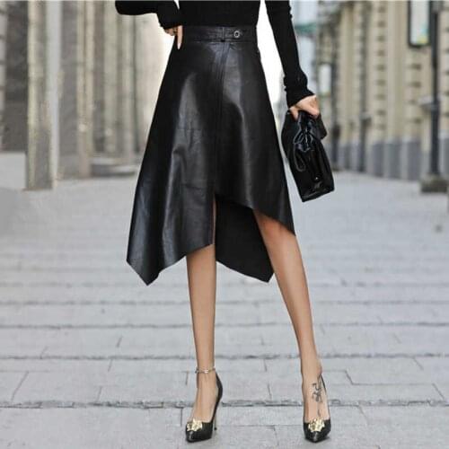 Women Genuine Leather Irregular Skirt Natural Sheepskin New Elegant Autumn Fall Midi Skirts Ladies High Waist Skirts Plus Size