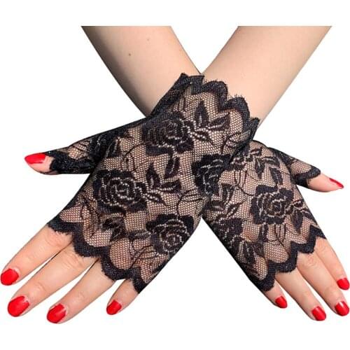 Womens floral lace short gloves sunscreen wrist length fingerless gloves driving wedding bridal party party costume accessories
