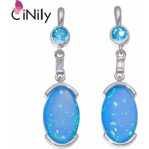 CiNily Created Blue White Fire Opal Orange Garnet Silver Plated Wholesale for Women Jewelry Gift Drop Earrings 1 3/8" OH4492-93