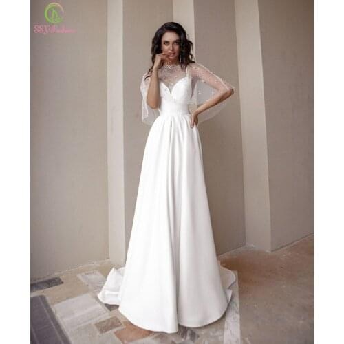 SSYFashion New Sexy White Satin Evening Dress with Shawl V-neck Backless Sweep Train Long Prom Formal Gowns for Women Vestidos