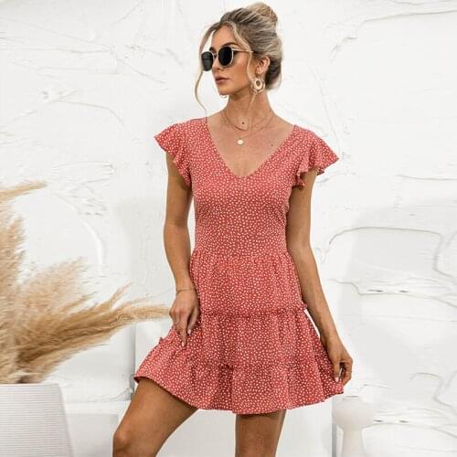 Women Sexy V-Neck Flying Sleeve Mini short Dress Summer New Elegant Printed Ruffle Patchwork Dresses Casual Beach Femme Vestido