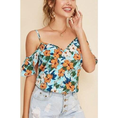 Women Sexy Cold Shoulder T-Shirt Ruffles Short Sleeve V-Neck Chiffon Tops Boho Floral Print Spaghetti Strap M14 21 Dropship