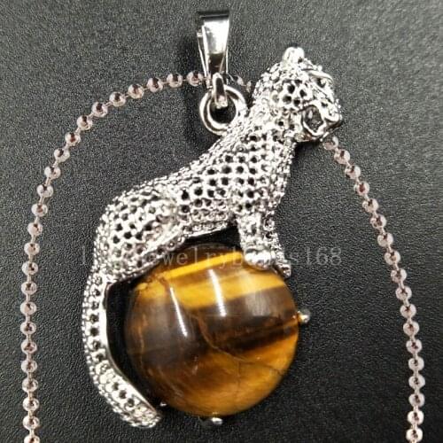 Free Shipping Women Fashion Jewelry Tigers Eye Cheetah Round Art Necklace With Chain 1pcs C5517n